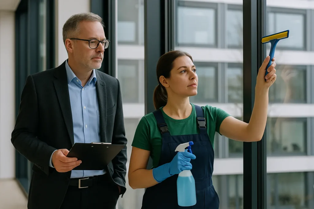 Facility Manager in Landshut überprüft Reinigungskraft beim Fensterputzen eines modernen Bürogebäudes, natürliches Tageslicht, professionelle Fotografie, 4K Qualität