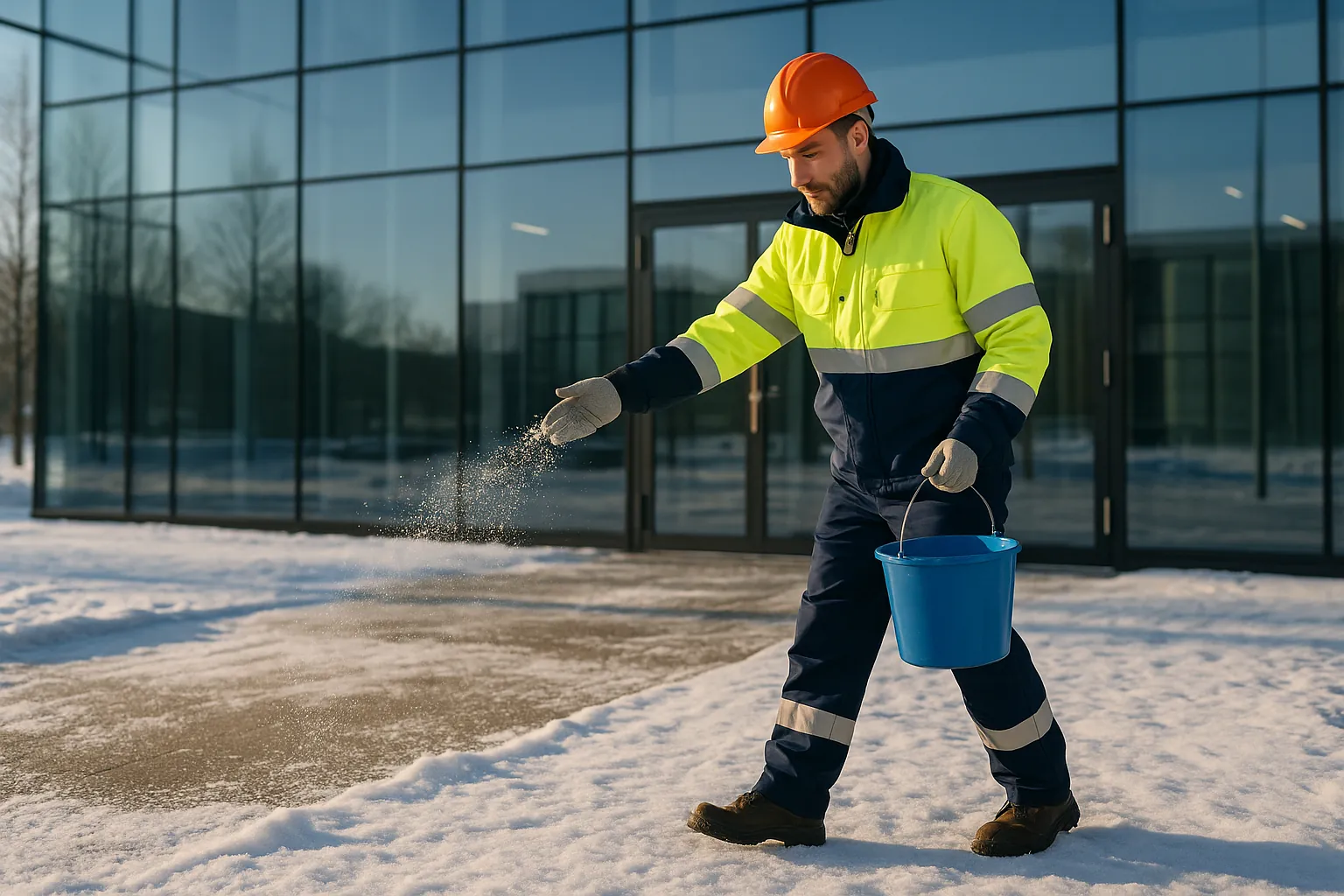 Fachkraft streut im verschneiten Eingangsbereich eines Bürogebäudes mit Glasfassade Salz, klare Wintersonne, professionelle Fotografie, 4K Qualität