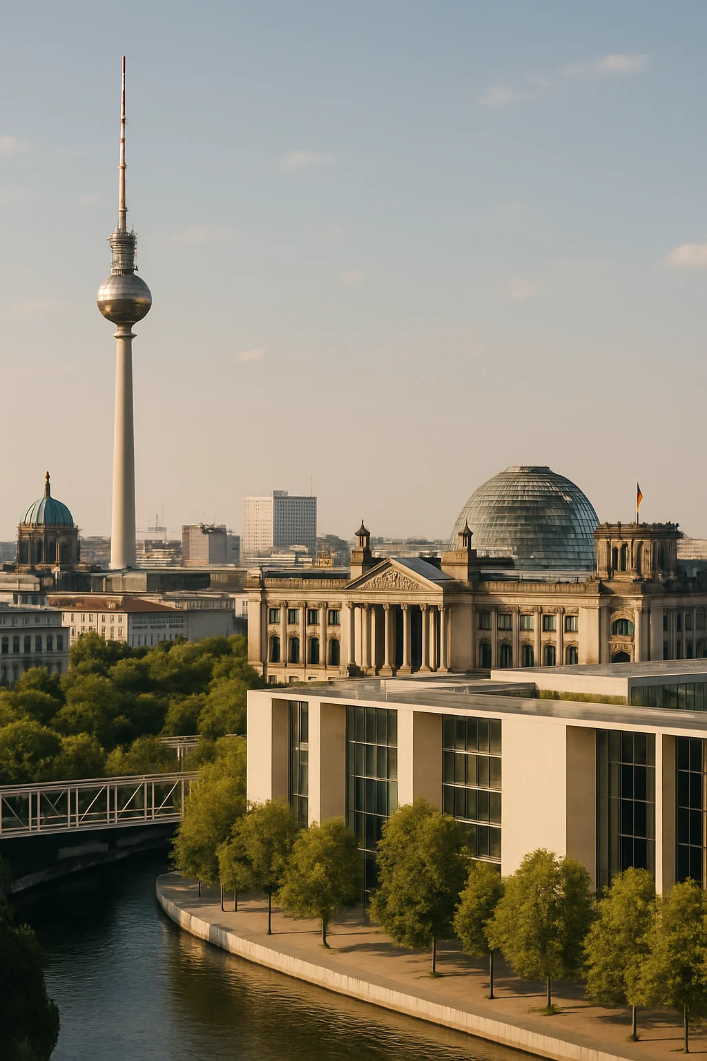 Sonnige Berlin-Skyline mit Bundesregierungs-Gebaeude im Hintergrund