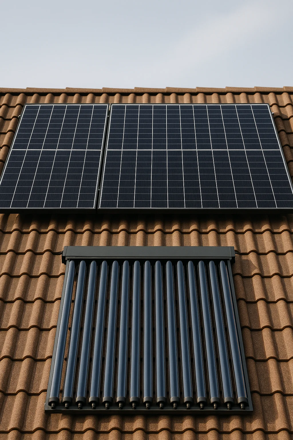 Dach mit zwei Kollektor-Typen nebeneinander, oben PV, unten Solarthermie