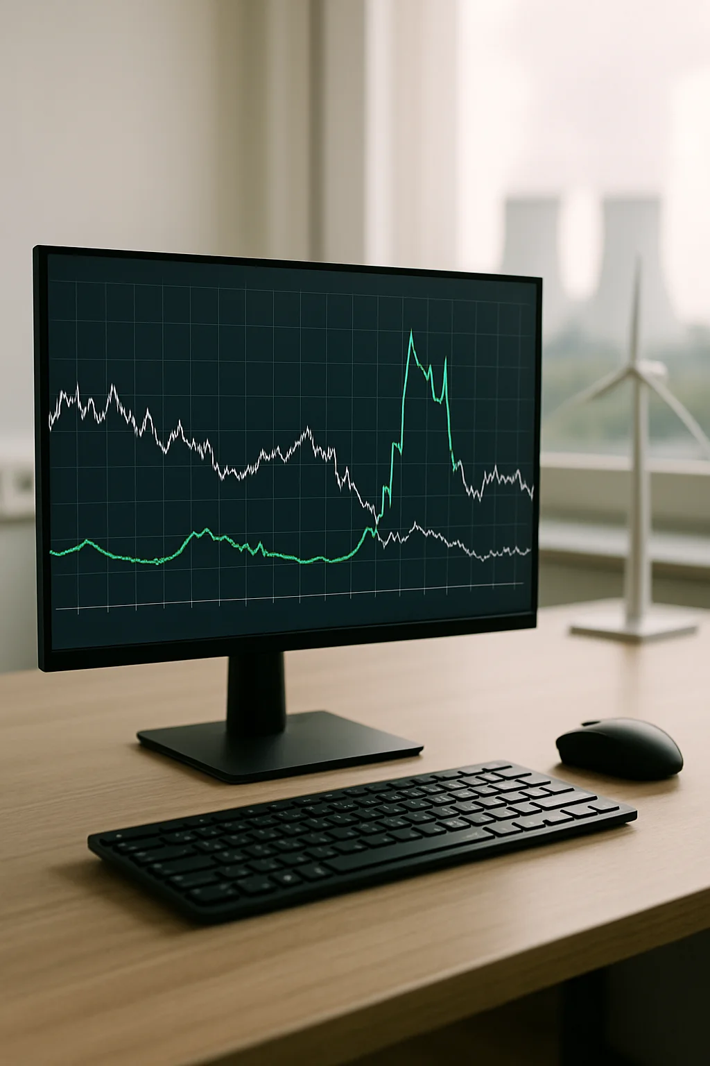 Boerse-Diagramm mit Strompreis-Kurve auf Monitor