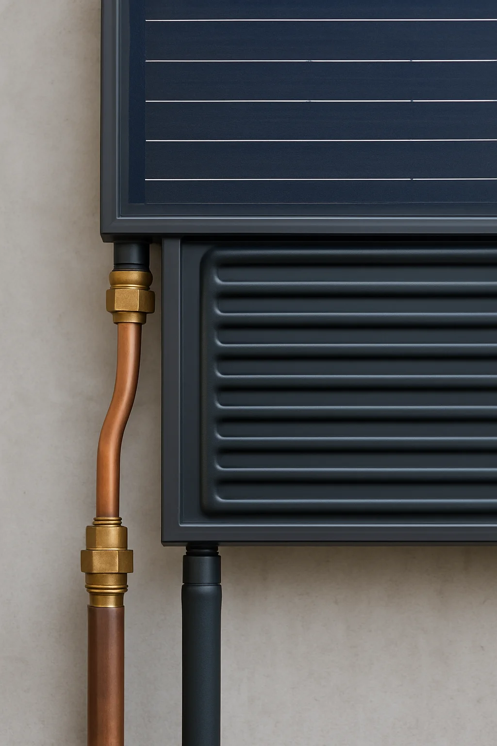 PVT-Hybrid-Modul aus Naehe mit sichtbaren Wasser-Leitungen