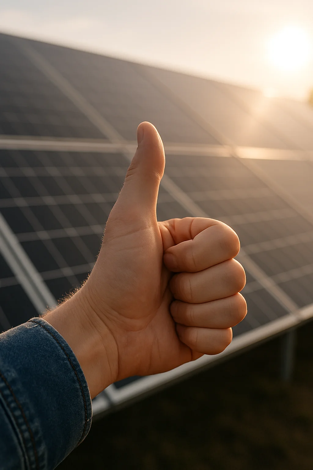 Daumen hoch vor sonnigem Solarmodul-Hintergrund