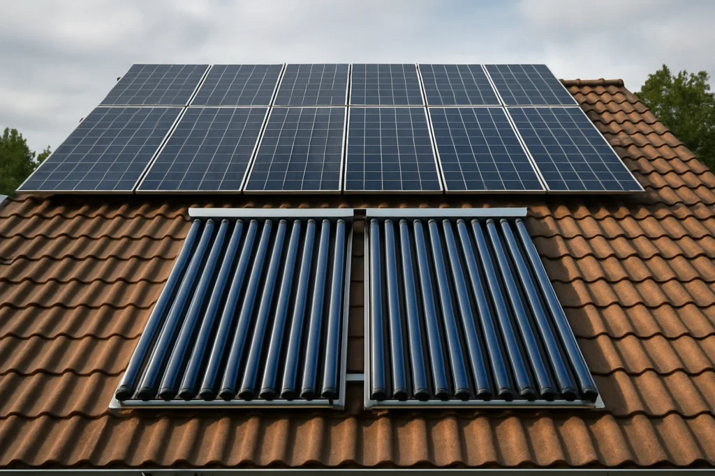 Dach mit zwei Kollektor-Typen nebeneinander, oben PV, unten Solarthermie