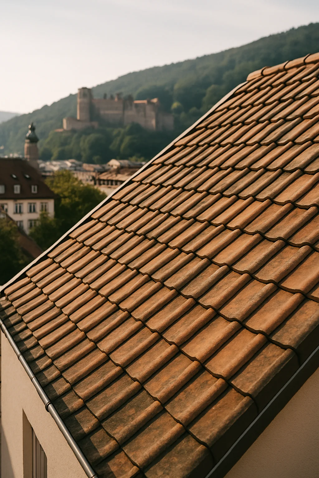 Dachschraege mit Ziegeln im Sonnenlicht von oben