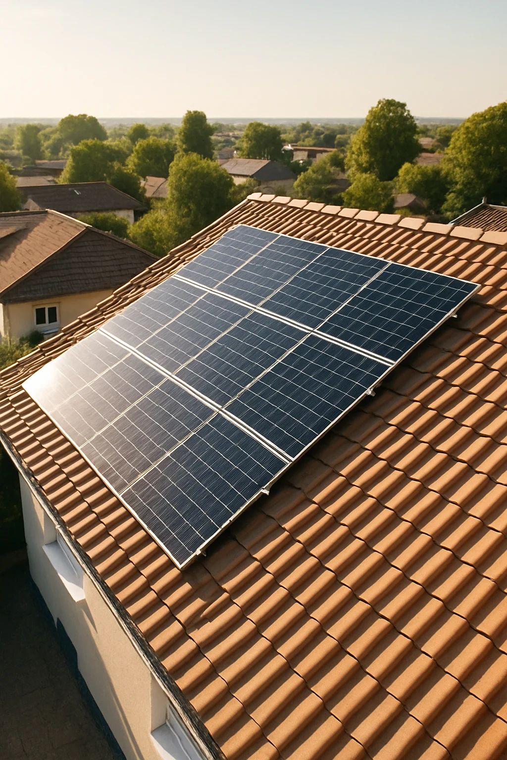 Sonnige Dachlandschaft mit modernen Solarmodulen aus der Vogelperspektive