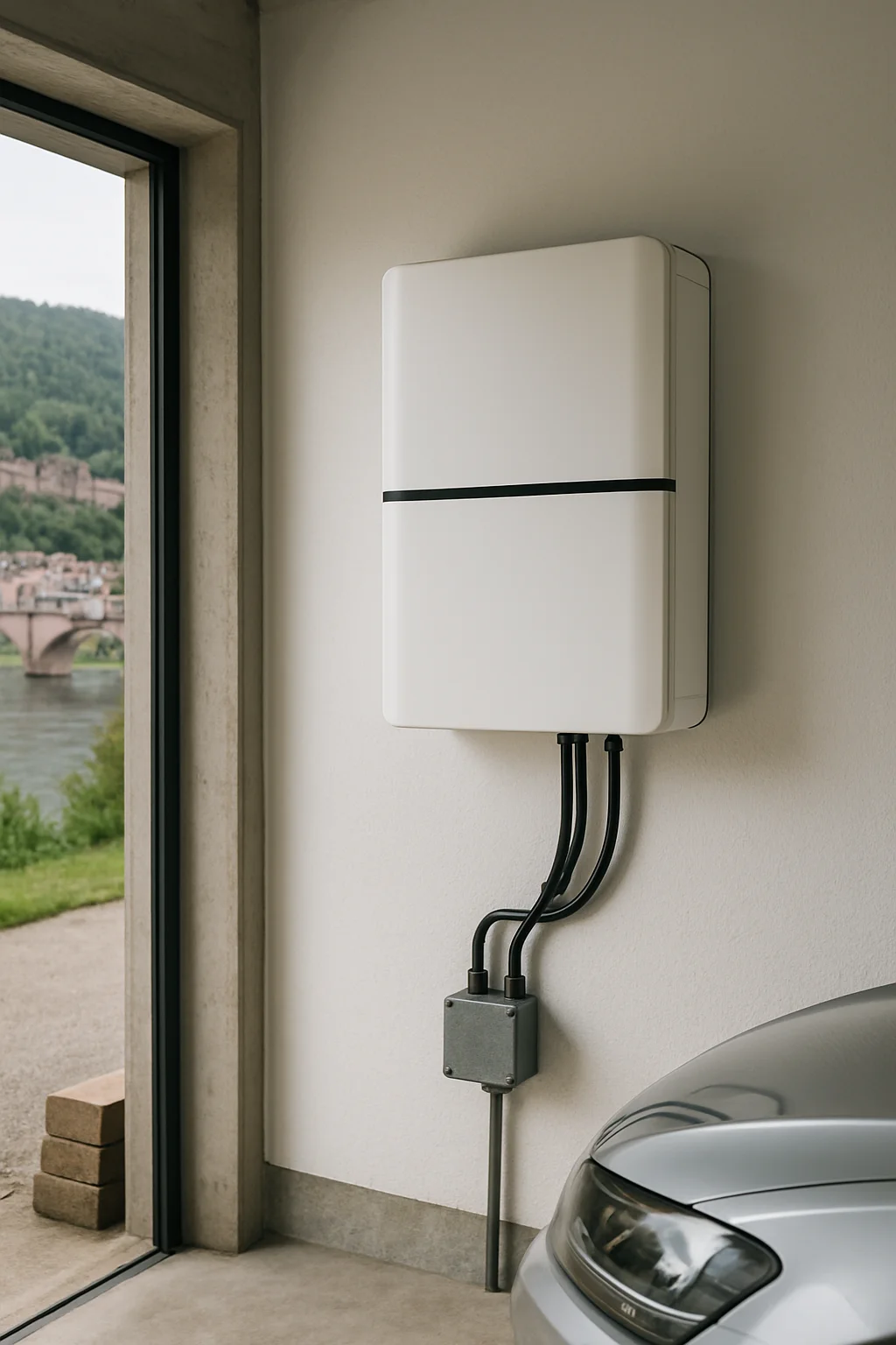 Wandhaengender Lithium-Ionen-Heimspeicher in moderner Garage