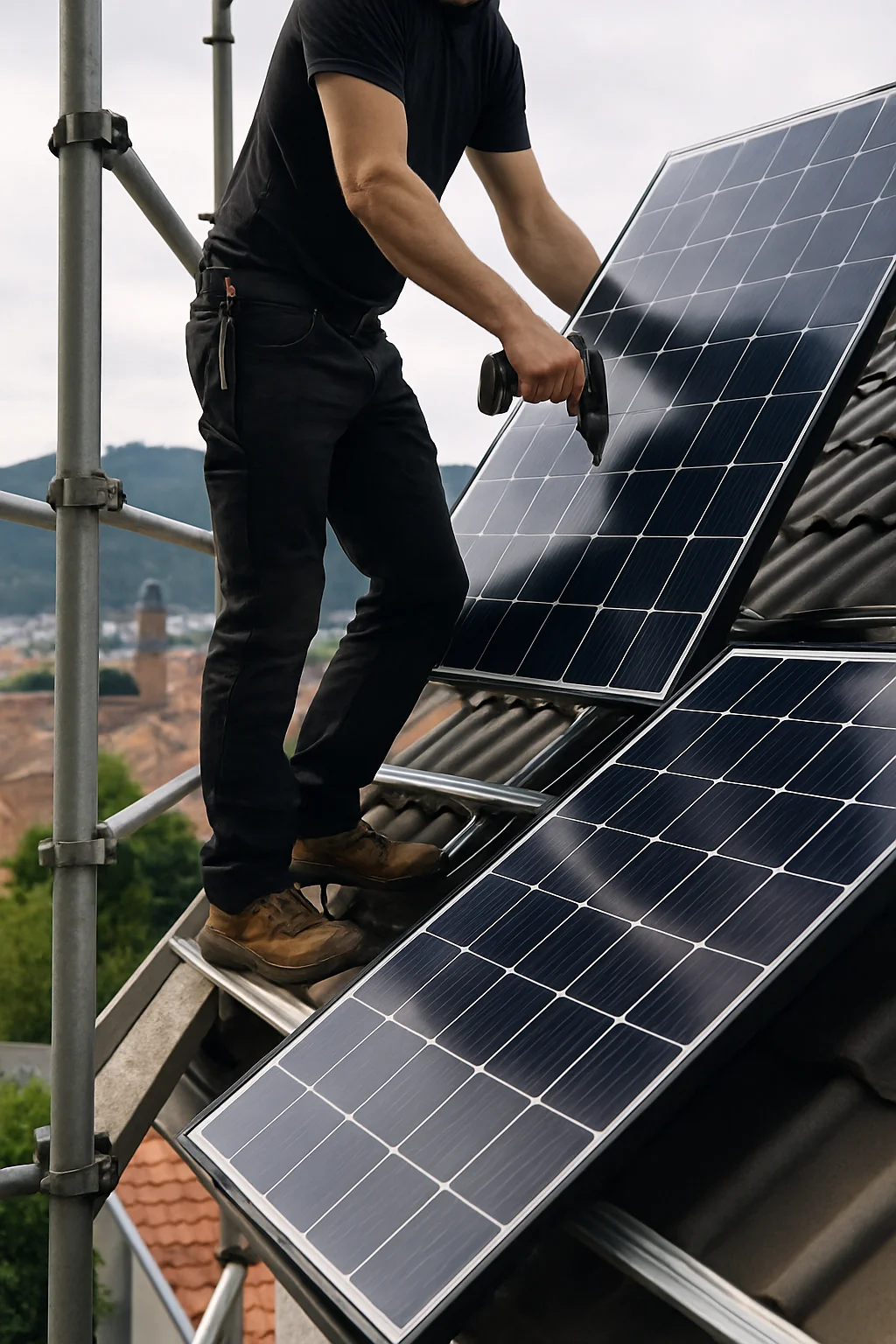Handwerker auf Geruest beim Montieren von Solarmodulen