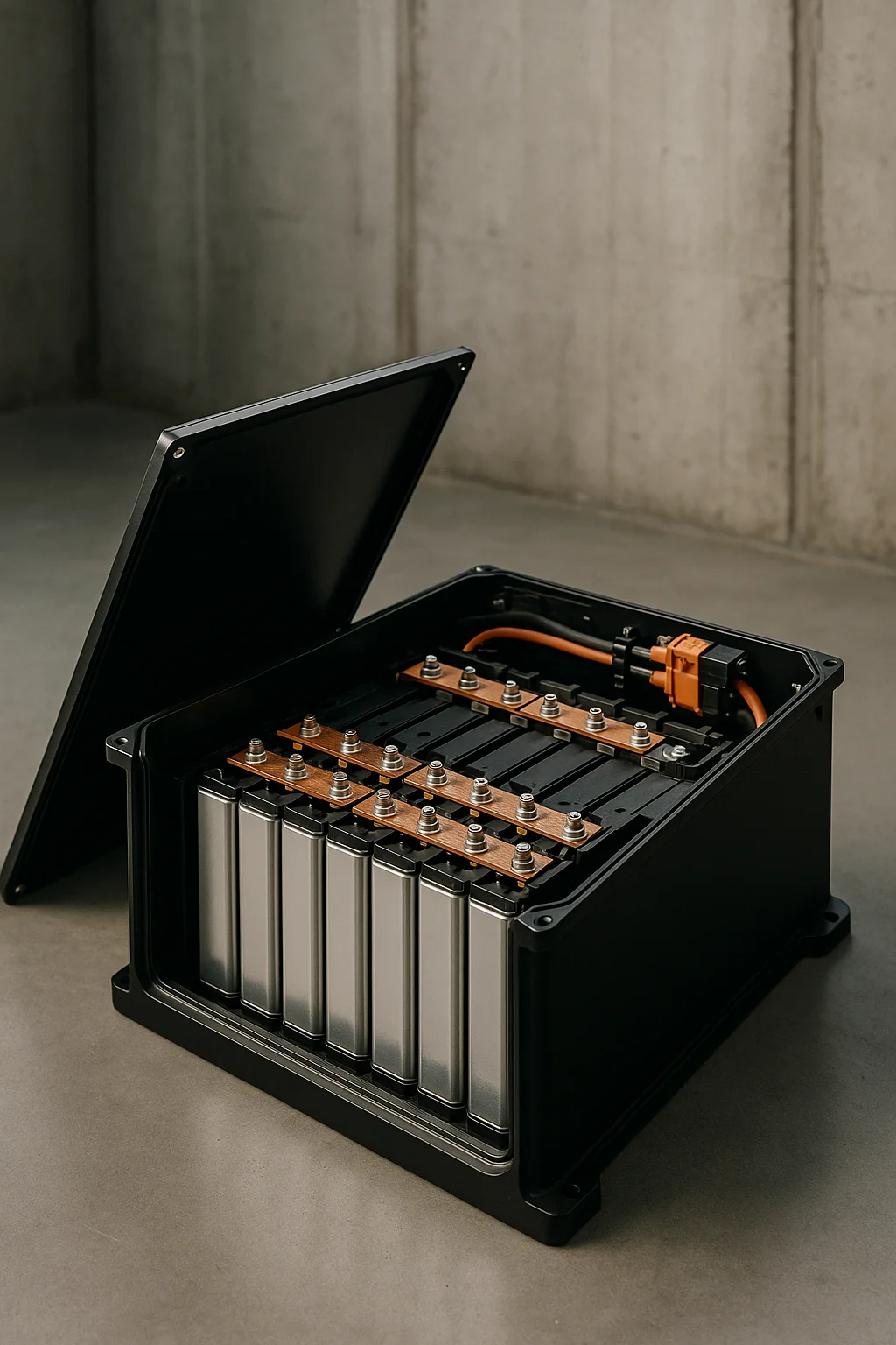 Geoeffneter LFP-Batteriemodul mit sichtbaren Zellen in Industrie-Optik