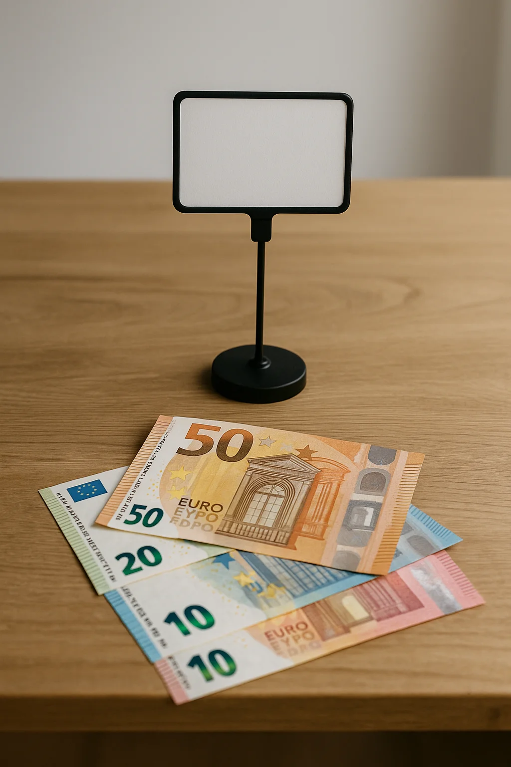 Geldscheine und Preisschild auf einem Holztisch