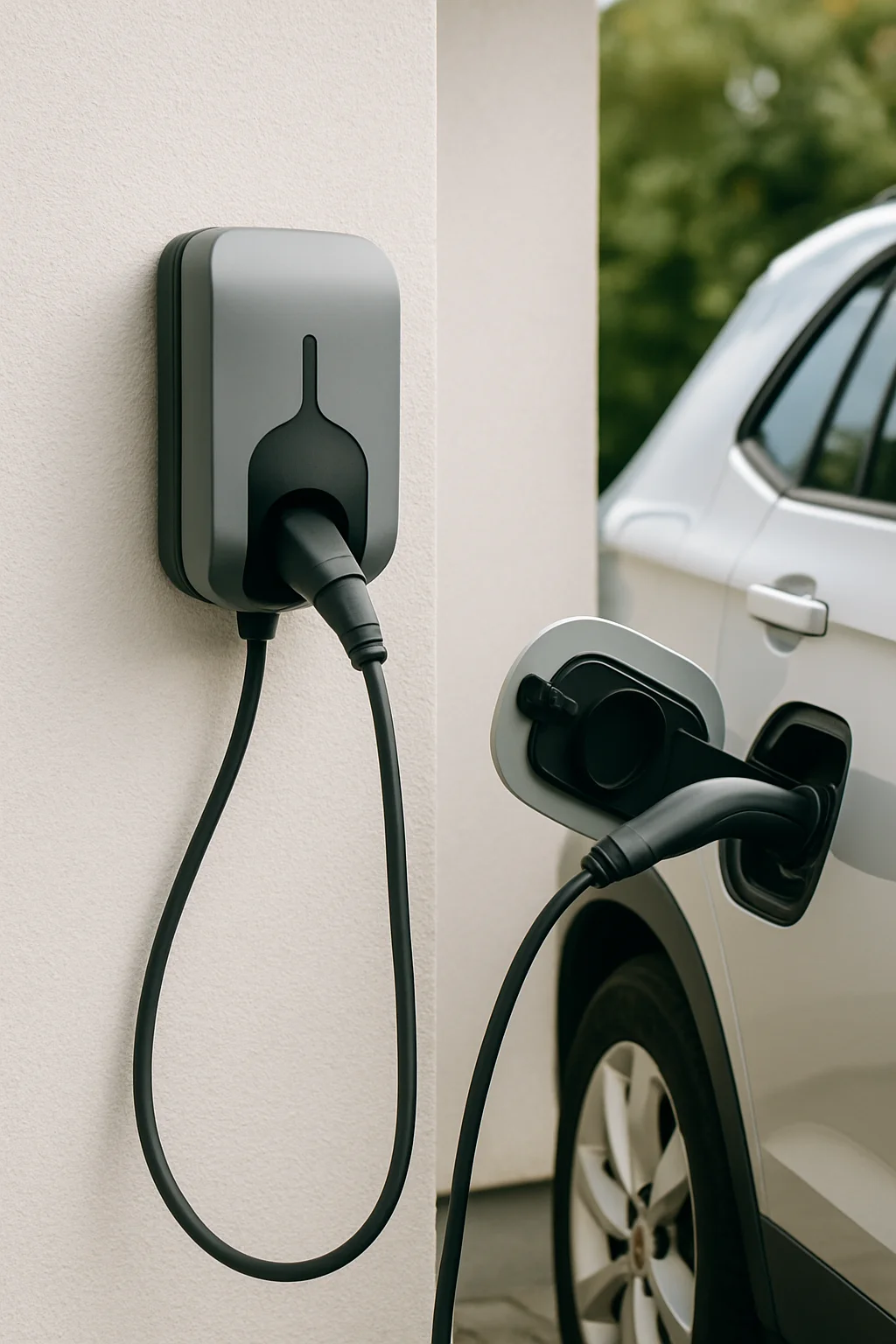 Moderne Wallbox an Hauswand, Ladekabel im E-Auto eingesteckt
