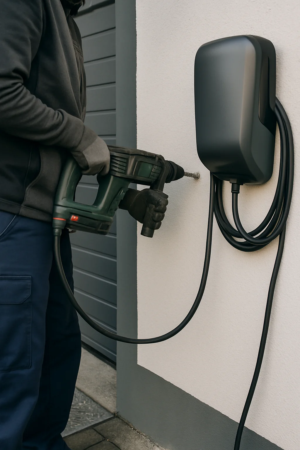 Elektriker bohrt Loch fuer Wallbox-Kabel an Garagenwand