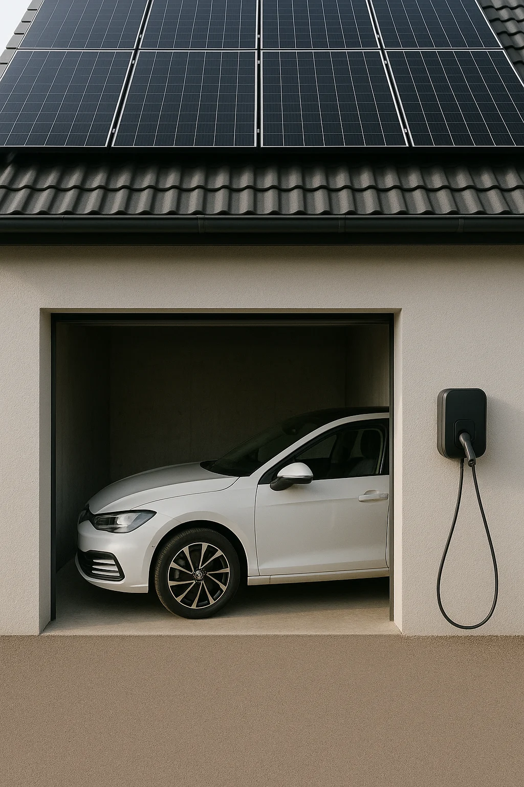 Solarmodule auf Dach mit E-Auto und Wallbox in der Garage darunter