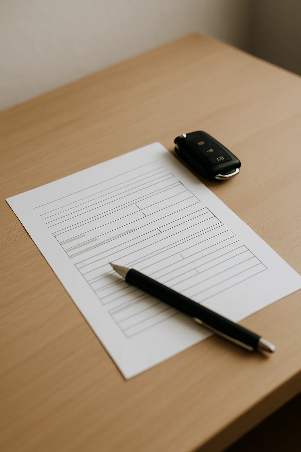 Antragsformular auf Schreibtisch mit Stift und Auto-Schluessel