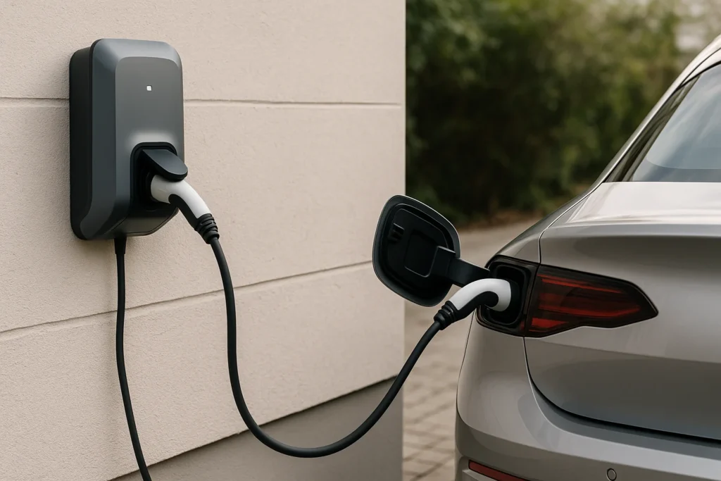 Moderne Wallbox an Hauswand, Ladekabel im E-Auto eingesteckt